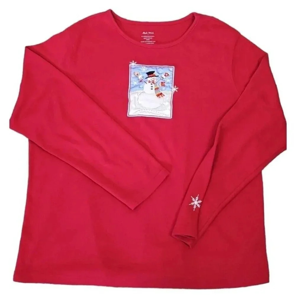 Red Christmas Long Sleeve T-shirt‎ Snowman Applique Size Large